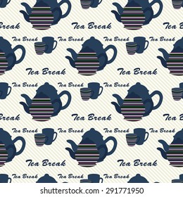 Seamless tea party background with a cup, kettle  and text