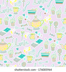 Seamless tea party and sweets texture pattern background