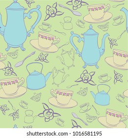 seamless tea party teacup teapot roses yellow green blue vector background