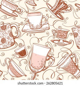 Seamless tea pattern. Seamless background with various ornate cups of tea/coffee. 