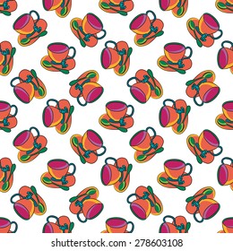 Seamless tea pattern. Cup of tea on a saucer with a teaspoon and sugar slices. Cute background.