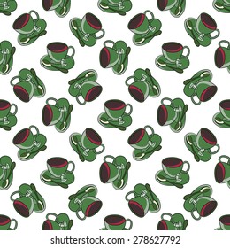 Seamless tea pattern. Cup of tea on a saucer with a teaspoon and sugar slices. Cute background.