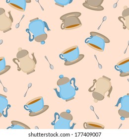 Seamless tea pattern. Cup, teaspoon, kettle.