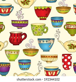 Seamless tea pattern with doodle teapots and cups. Perfect for wallpaper, pattern fills, textile, web page background, surface textures. Vector illustration.