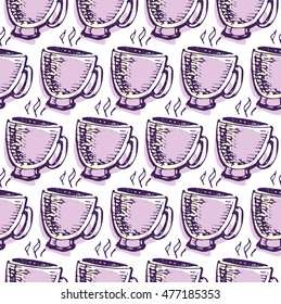 Seamless tea pattern with doodle teapots and cups. Perfect for wallpaper, pattern fills, textile, web page background, surface textures. Vector illustration.