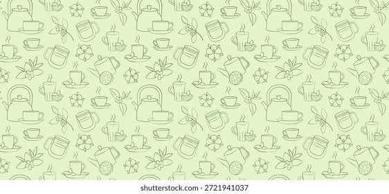 Patrón de té sin fisuras en estilo de arte de línea. Fondo de té de hierbas y frutas dibujado a mano, en una Ilustración vectorial