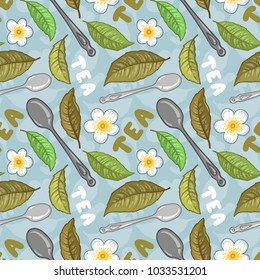 Seamless tea pattern. Vector endless teatime ceylon dinner design. Hot leaves drink background for wrapping paper
