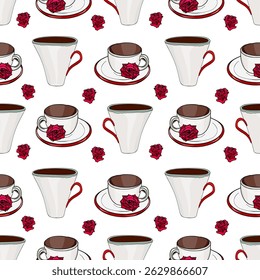 Seamless Tea and Rose Pattern on White. Elegant Tea Cup and Red Rose Floral Vector