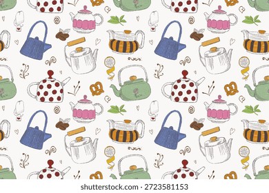 Patrón inconsútil del té y de la tetera para los momentos acogedores de la fiesta del té en estilo dibujado a mano del bosquejo