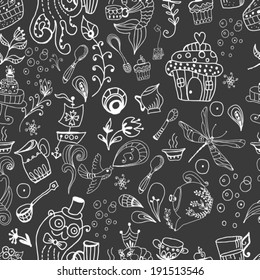 Seamless tea time background, doodle illustration with teapot and floral elements, fish and octopus drinking tea, VECTOR