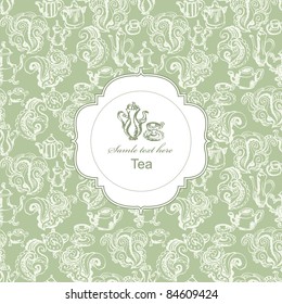 Seamless Tea Time Pattern With Card Label In Green