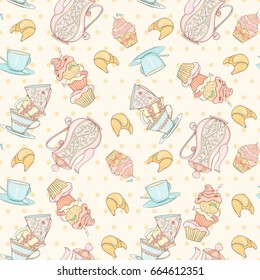 Seamless tea time pattern. Vintage morning endless hand drawn vector illustration of pot, cup, cupcake and croissant on polka dot background can be used for wallpaper, wrapping paper, textile printing