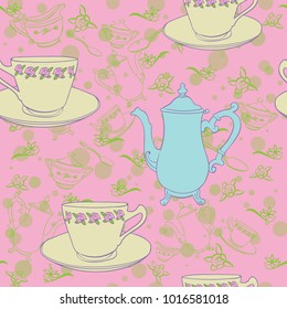 seamless teacup teapot background pink blue yellow green
