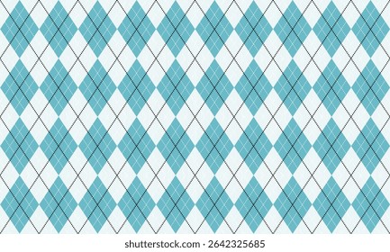 Seamless teal blue argyle pattern with repeating diamond shapes, dotted outlines, and diagonal dashed lines on a white background. perfect for textile design, digital backgrounds, and stylish fashion