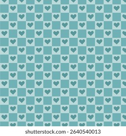 A seamless teal checkerboard pattern featuring evenly spaced heart icons
