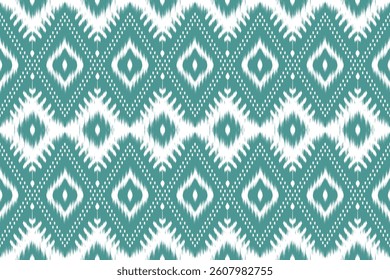 Seamless teal ikat pattern with dotted geometric shapes. Great for vector textiles, ethnic packaging, boho prints, and modern tribal design projects.