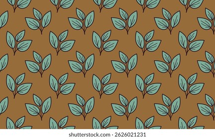 Seamless teal leaf pattern on a brown background.  Perfect for textile design, wallpaper, packaging, or website backgrounds.  Evokes nature, growth, and tranquility.