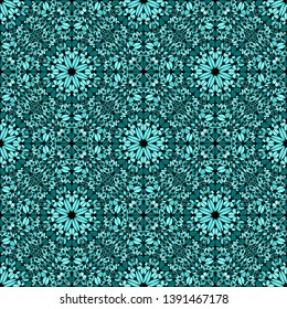 Seamless teal mosaic ornament pattern background - abstract turquoise bohemian spiritual kaleidoscope vector art graphic