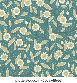 Seamless teal and sage green floral pattern featuring simple daisies and leaves with on wavy branches. Print for textiles, wallpapers, and nature-inspired designs