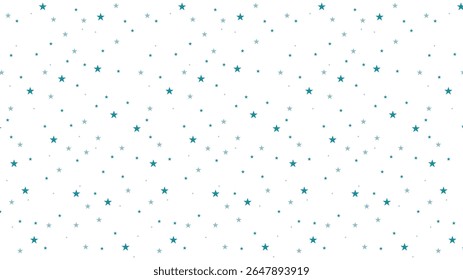 Seamless teal star pattern on white background. Minimalist celestial vector design perfect for kids' prints, wallpapers, scrapbooking, fabric, wrapping paper, or digital projects with night sky theme.