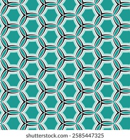 Seamless teal and white geometric pattern with intricate interlocking shapes.