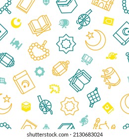 Seamless teal and yellow outline icons of Ramadan related things on transparent background