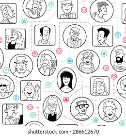 Seamless Team Background in Doodle Style. Funny Social Network with Linked Cartoon People. Vector Illustration. Black Linear Portraits and Icons on White