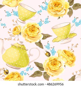 Seamless teapots, cups and flowers