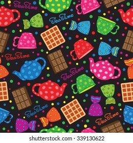 Seamless teatime background Cartoon vector hand-drawn Doodles