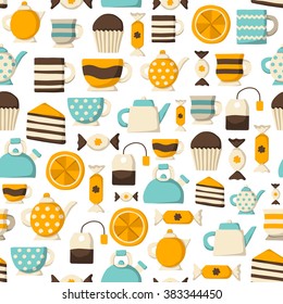 Seamless teatime cartoon background. Tea ceremony concept
