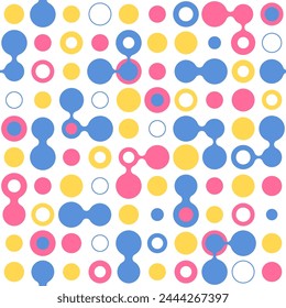 Seamless, technological pattern. Aqua green, blue, pink, yellow, polka dots. Vector print of beachwear, bikinis, summer colors, connection. Beach, pool, fabric Diversity, mix. Primary colors.