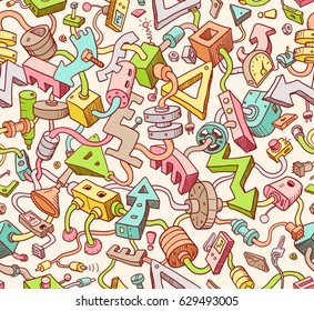 Seamless Technology Background in Doodle Style. Colorful Mix of Different Plugged Techno Item. Abstract Hand Drawn Vector Illustration