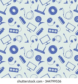 Seamless technology vector pattern, chaotic background with blue icons of PC, monitor, headphones, disc, router, socket, battery, USB flash drive, web camera, microphone, over light backdrop
