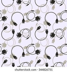 Seamless technology vector pattern, chaotic background with icons of usb cables and batteries, over light backdrop