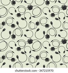 Seamless technology vector pattern, chaotic background with icons of usb cables and batteries, over light backdrop