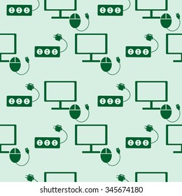 Seamless technology vector pattern, symmetrical background with icons of monitor, PC mouse and fuse, over green backdrop