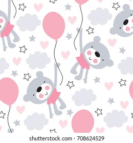 seamless teddy bear with balloon pattern vector illustration