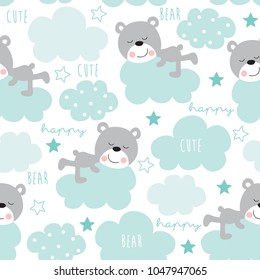 seamless teddy bear and clouds pattern vector illustration