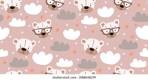seamless teddy bear, clouds, stars pattern vector illustration in beige pastel colors