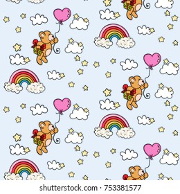 Seamless with Teddy bear floating with balloon and gift on sky

