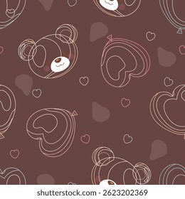Seamless teddy bear and heart balloon pattern with colored stroke on chocolate background