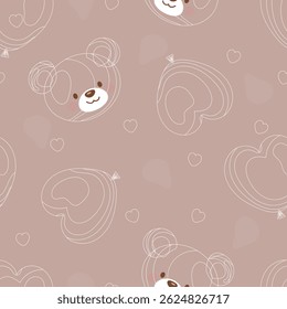 Seamless teddy bear and heart balloon pattern with white outline on light brown background