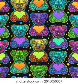 Seamless teddy bear with hearts vector pattern. 3D mesh of a bear. Bright rainbow pattern