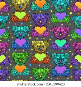 Oso de peluche sin soldadura con patrón vector de corazones. Malla 3D de un oso. Impresión textil con motivos de arco iris brillante