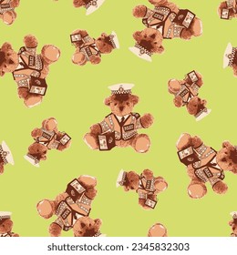 Seamless Teddy Bear pattern with pastel background color, art number 082