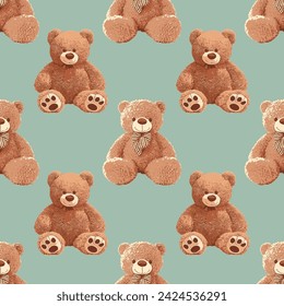 Seamless teddy bear pattern with soft green background color, art number 150