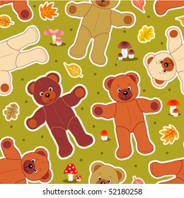 Seamless teddy bears and mushrooms autumn vector pattern (print, swatch, tile, background)