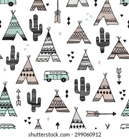 Seamless teepee tent arrow and cactus botanical indian summer camping trip van illustration background western pattern in vector