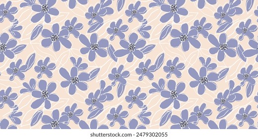 Seamless template with drawn blue exotic flowers on beige background. Floral template for banner, wrapping paper, cover, fabric, home decor, abstract backgrounds. Vector illustration