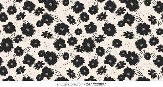 Seamless template with drawn exotic black flowers. Floral template for banner, wrapping paper, cover, fabric, home decor, abstract backgrounds. Vector illustrati